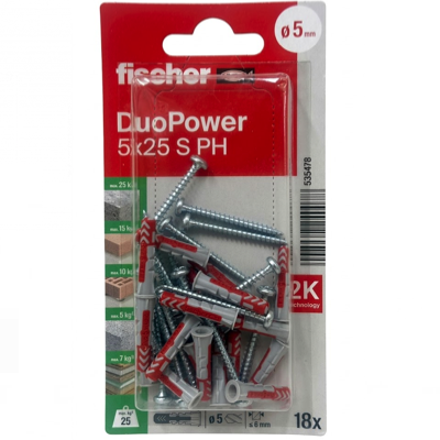 FISCHER 5MM X 25MM DUOPOWER With Stainless Steel Screws 18PC/PACK 535478